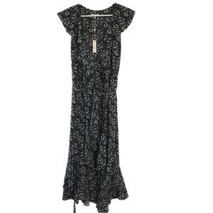 Max Studio Black&White Floral Ruffle Wrap Midi Dress